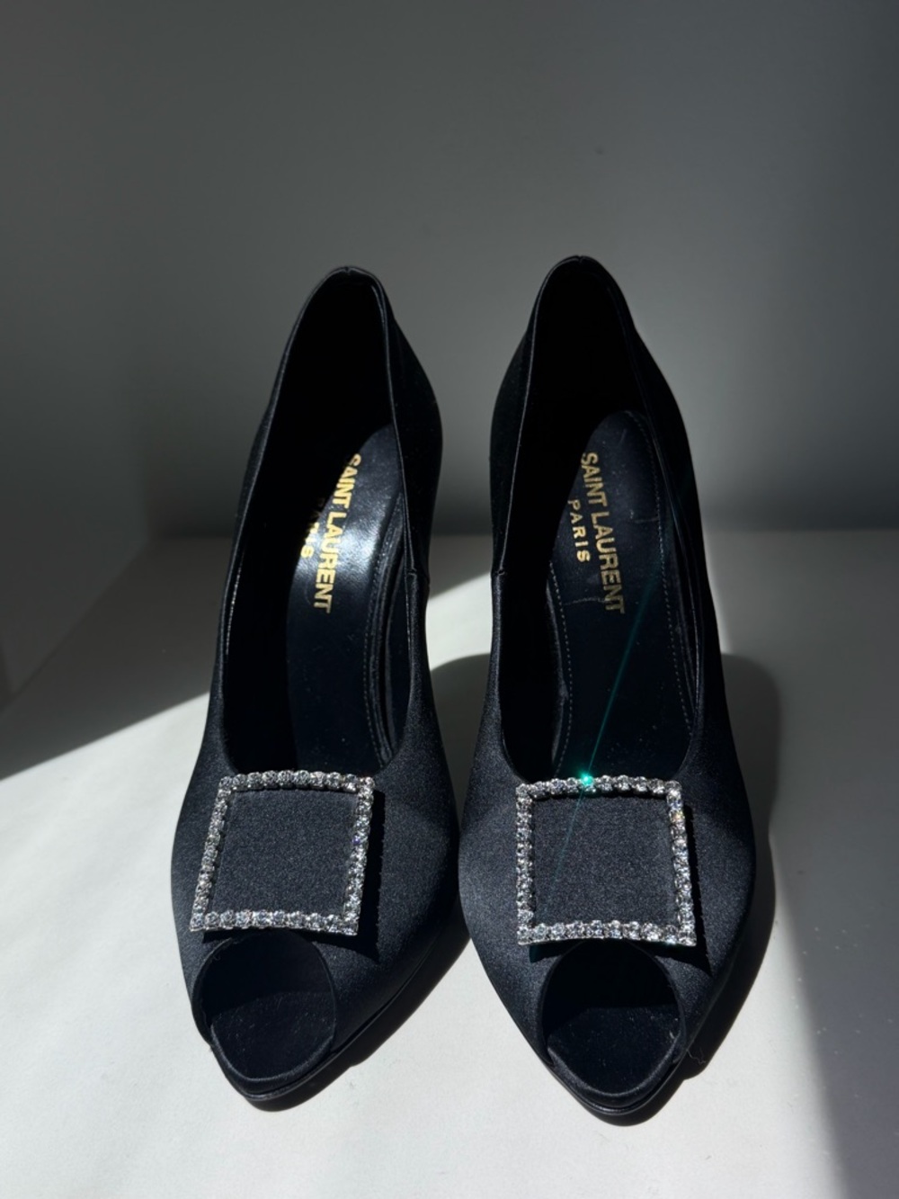 Saint Laurent Black Satin Peep-Toe Pumps with Crystal Buckle Accent - Picture 2 of 10